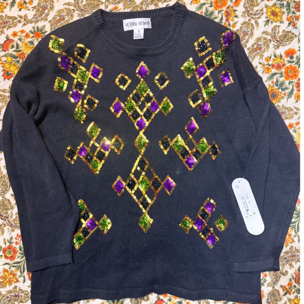 Vintage deadstock NWT Sequin Argyle Diamond Knit Sweater Black  2X Mardi‎ Gras